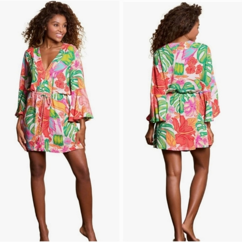 Maaji Floral Tropical Joy Kaftan Cover Up Long Sleeve Beach Boho Multicolor Sz M